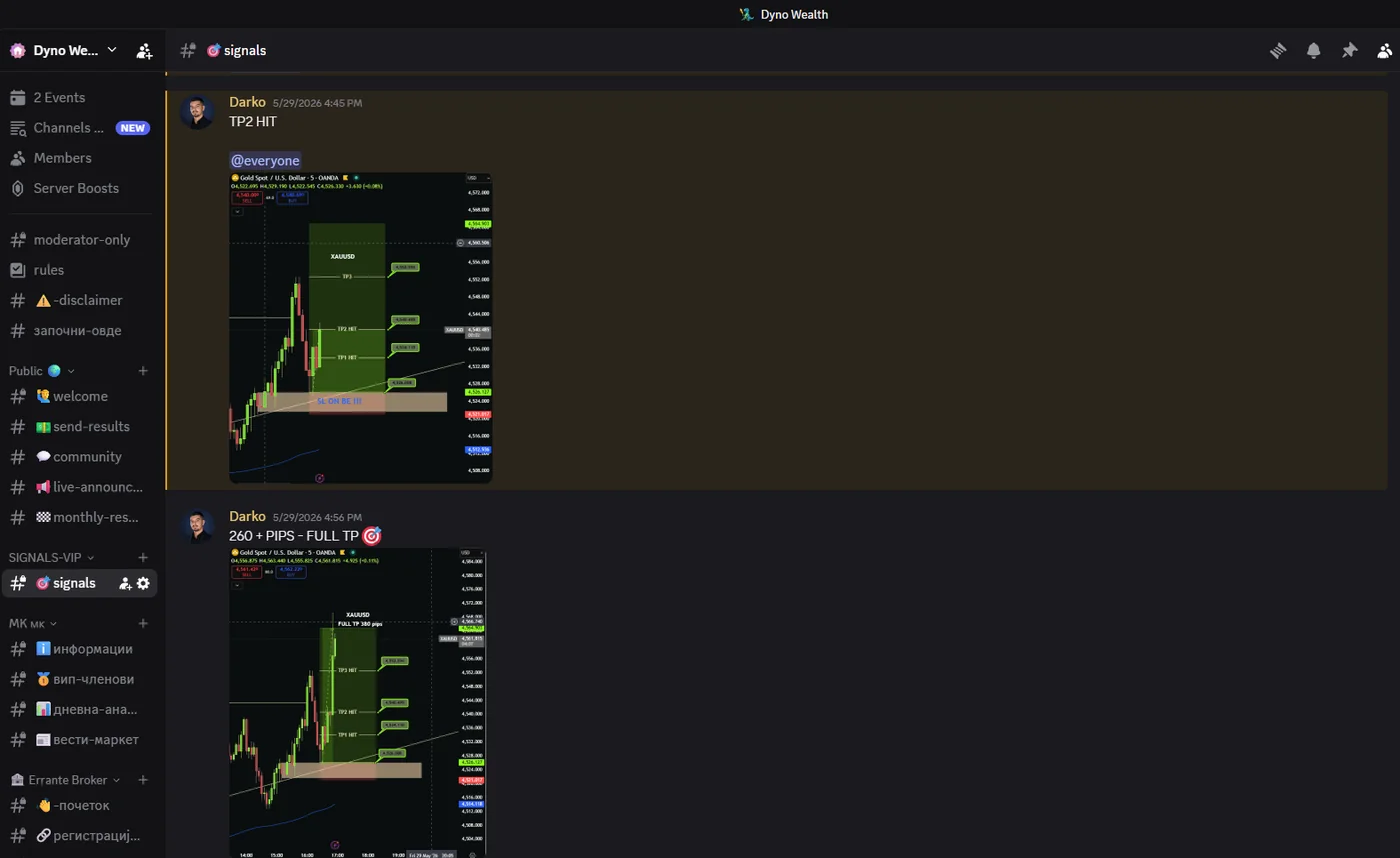 DynoWealth Discord signals channel with live XAUUSD chart analysis